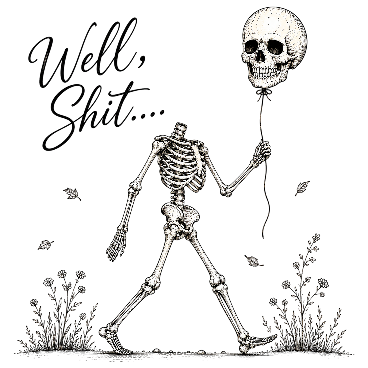 Well Shit Skeleton Holding Skull Balloon T-Shirt PNG, Funny Sarcastic Skeleton Tee Graphic, Spooky Season Apparel Digital Download, Transparent PNG